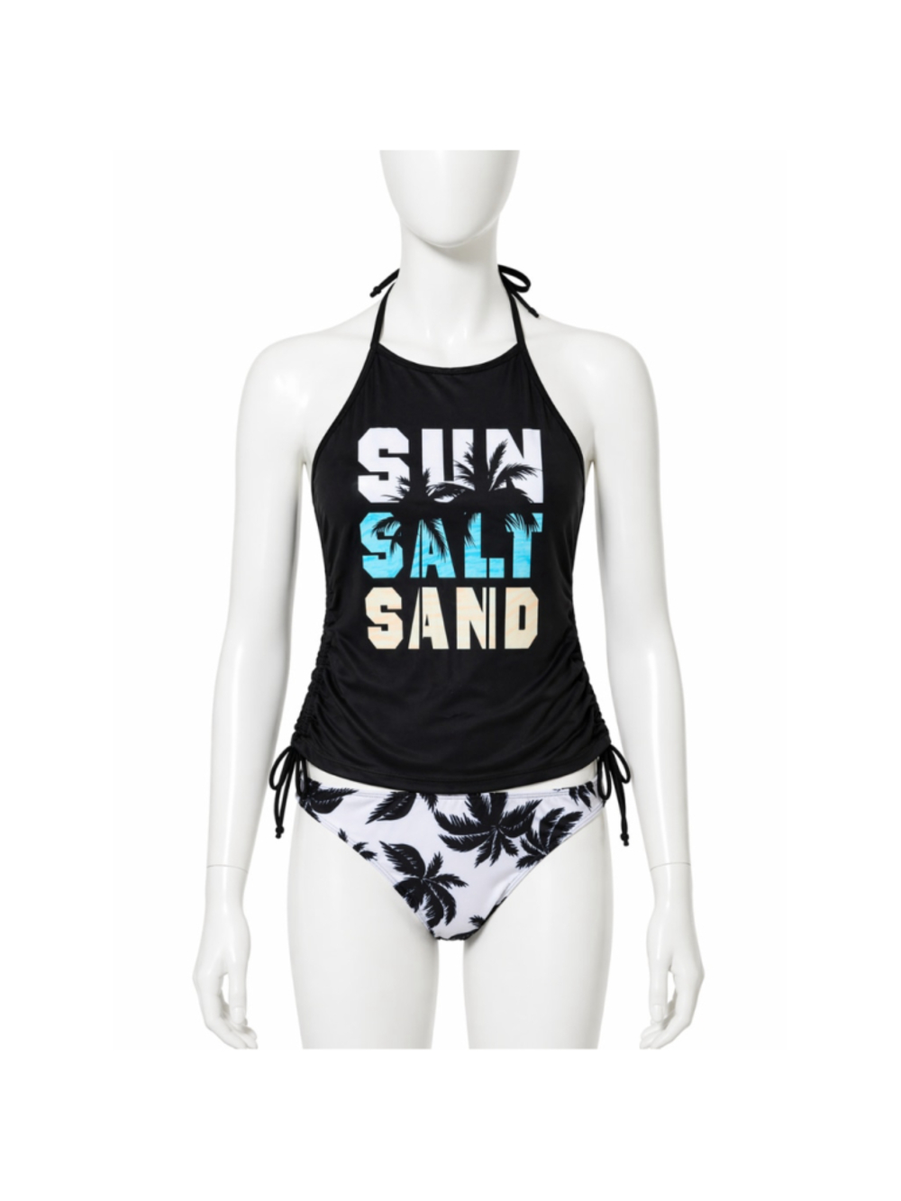 Women’s 2-Piece Tankini Swimsuit –“SUN, SALT, SAND”– Black/White Palm Print–NWOT